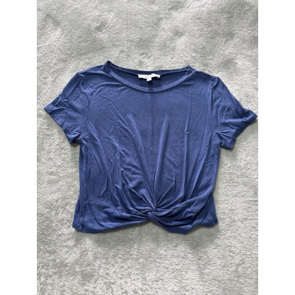 Womens juniors crop top blue scoop neck twist tie tshirt casual cropped Athletic